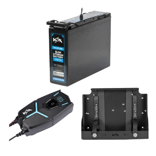 KickAss 120Ah Slimline 12V Lithium Deep Cycle Battery + Tray + 32A Smart Battery Charger Bundle