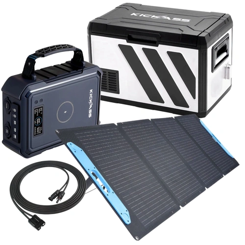 KickAss 50L Single Zone Fridge + KickCharge Powerhub 380Wh + 120W Folding Portable Solar Panel Bundle